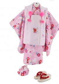 七五三 3歳女の子用被布[シンプル可愛い]淡いピンクに花(着物)紫がかったピンクに熊と花No.70H
